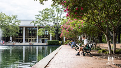 Benches beside the reflecting pool outside of Thomas Cooper Library with tree and gates mark.