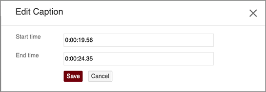 Screenshot of the Edit Caption dialog in Panopto. The Start time is 0:00:19.56 and End time is 0:00:24.35.