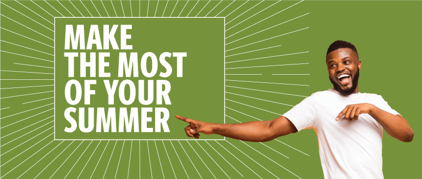 Graphic announcing Summer Semester 2020 classes are 100% online, showing a student dancing on a green background as he points to a white square outlined with a starburst effect featuring white text that reads: Make the most of your summer.