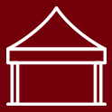 Garnet background with white icon of a party tent