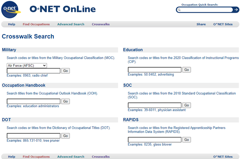 Screenshot of Military Crosswalk Search