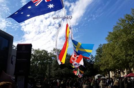 flags hanging on greene street