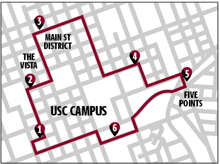 Map showing Night Service Transit stop locations against a simplified street map of Downtown Columbia