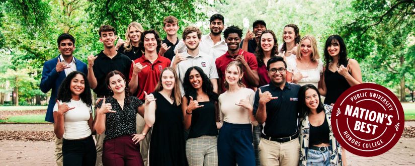 Honors student ambassadors on the horseshoe with an overlaid stamp stating "Nation's Best Public University Honors College"