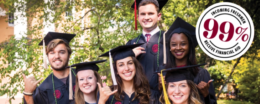 Graduates with stamp that says 99% of incoming freshmen receive financial aid