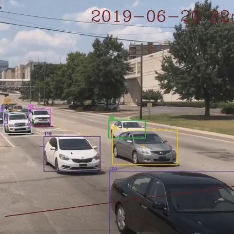 Railroad crossing at Assembly Street with colored boxes around each car