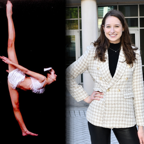 Two photos, Sloane dancing and a headshot