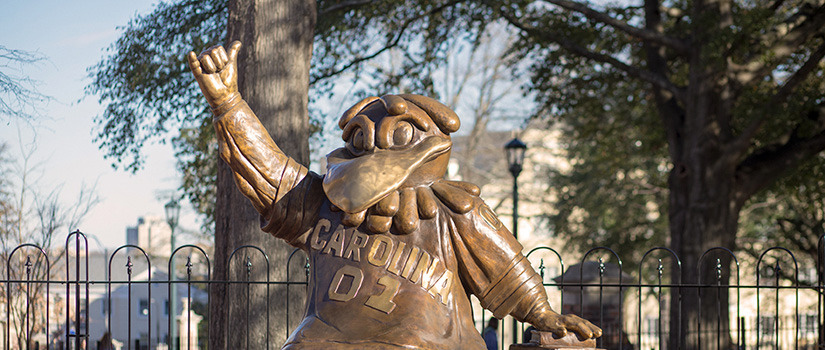 Bronze statue of Cocky the Gamecocks bird mascot on campus.