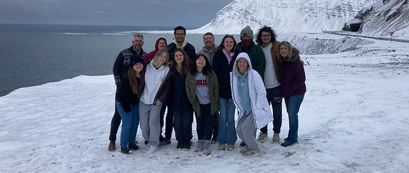 Students on a study abroad trip to Iceland pose for a photo