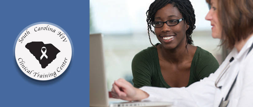 Two women working together on a laptop computer. SC HIV center logo with AIDS ribbon over state of SC on blue background.