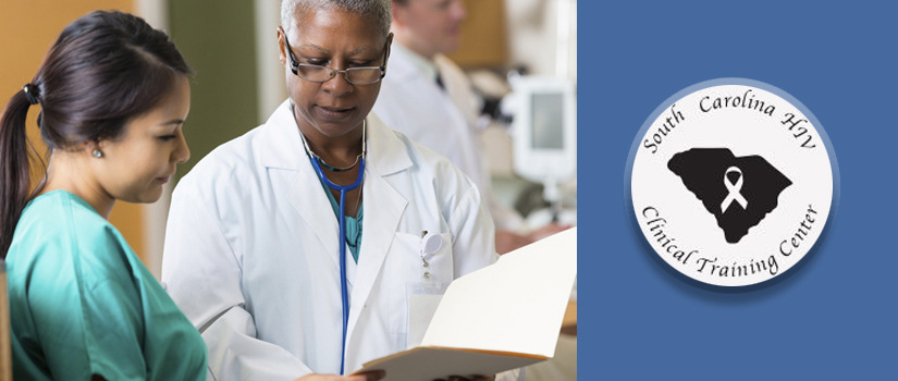 Doctor and nurse reviewing information in a paper folder. SC HIV center logo with AIDS ribbon over state of SC on blue background.