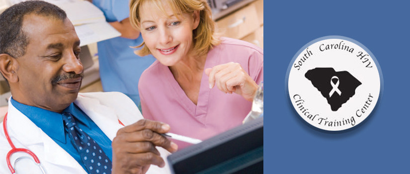 Doctor and nurse reviewing information on a computer tablet. SC HIV center logo with AIDS ribbon over state of SC on blue background.