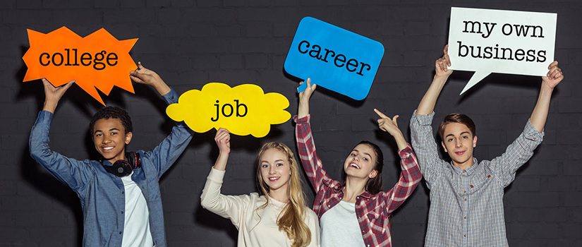 Teens hold up signs with future goals: college, job, career, my own business