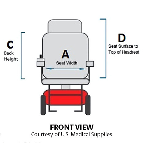 frontview of wheelchair showing seat width, back height and seat surface to top of headrest