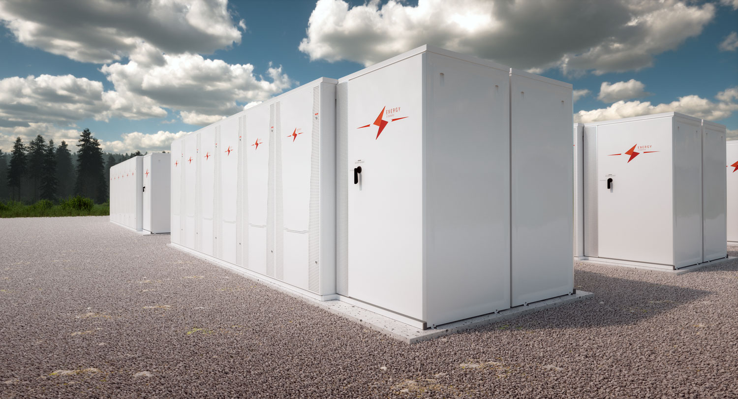 a large bank of batteries surrounded by sky and gravel