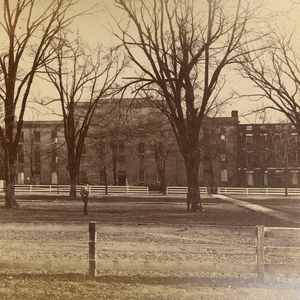 An archival image of housing on the USC Horseshoe. 